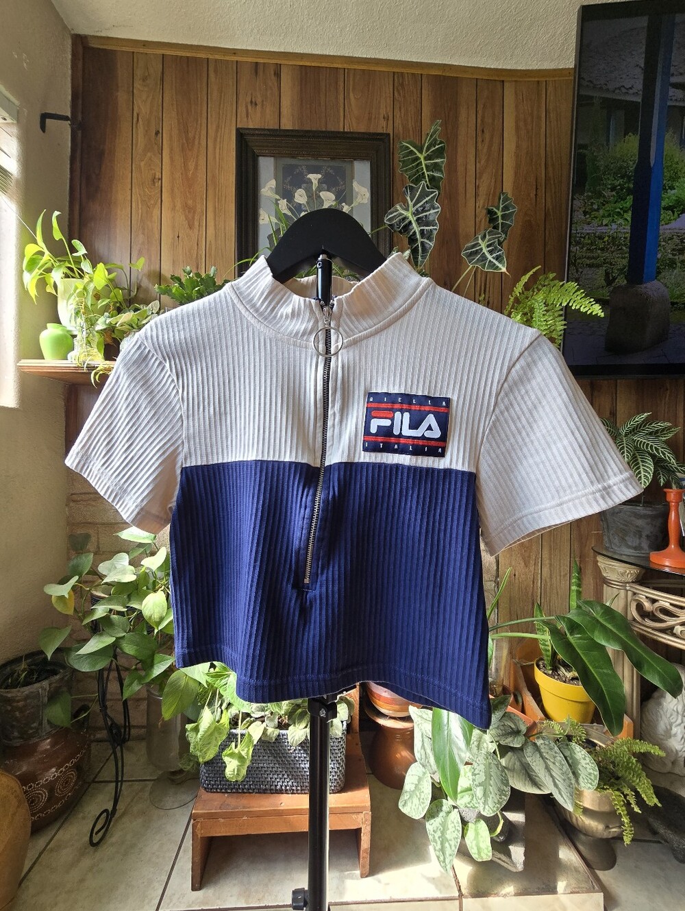 Fila White and Navy Ribbed Zip-Up Crop Top